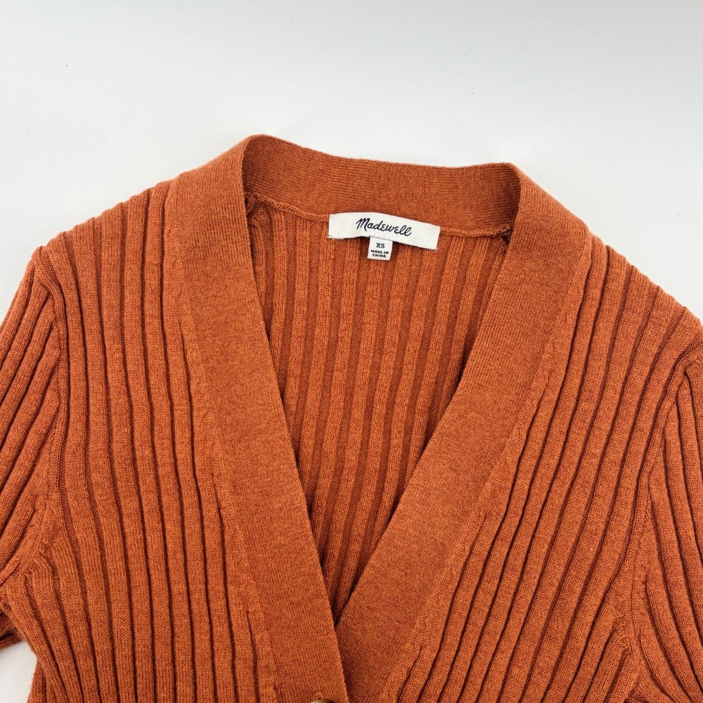 Madewell Ribbed Cropped‎ Cardigan Sweater XS Wool Blend Rust Orange